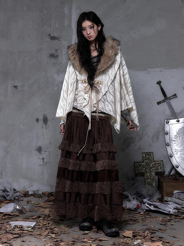 NO ROMANCE High Waist Court Tassel A Line Casual Brown No Stretch Maxi Skirts