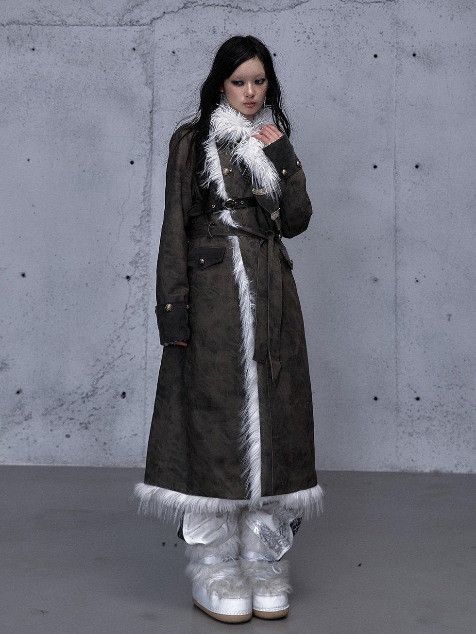 NO ROMANCE Reversible Fur Trim Regal Court Loose Fit Women Black Mint Green Long Coats
