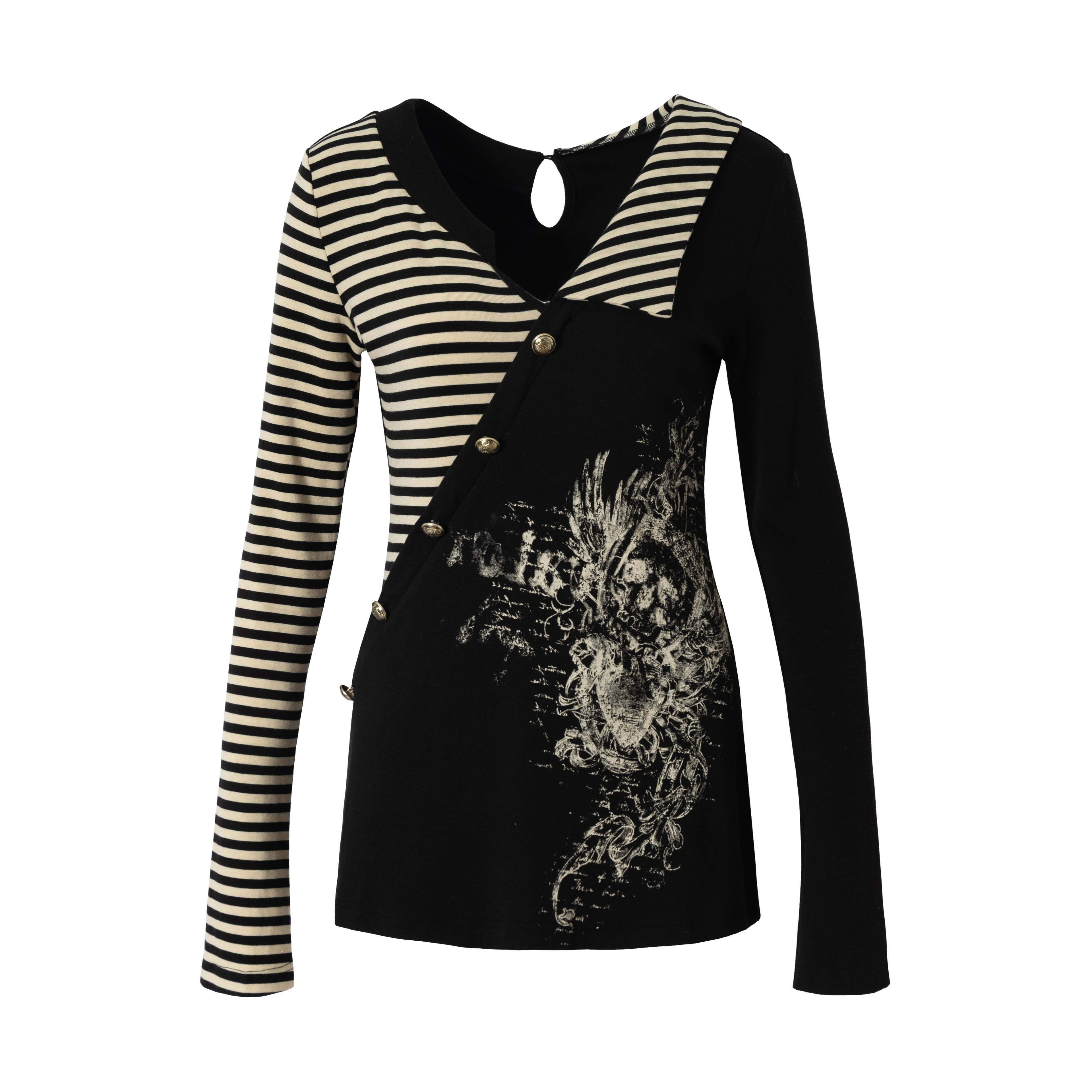 NO_ROMANCE_Cozy_Knit_Star_Printed_Relaxed_Polo_Collar_Women_Black_Ecru_Long_Sleeve_T-Shirts_MISSTT