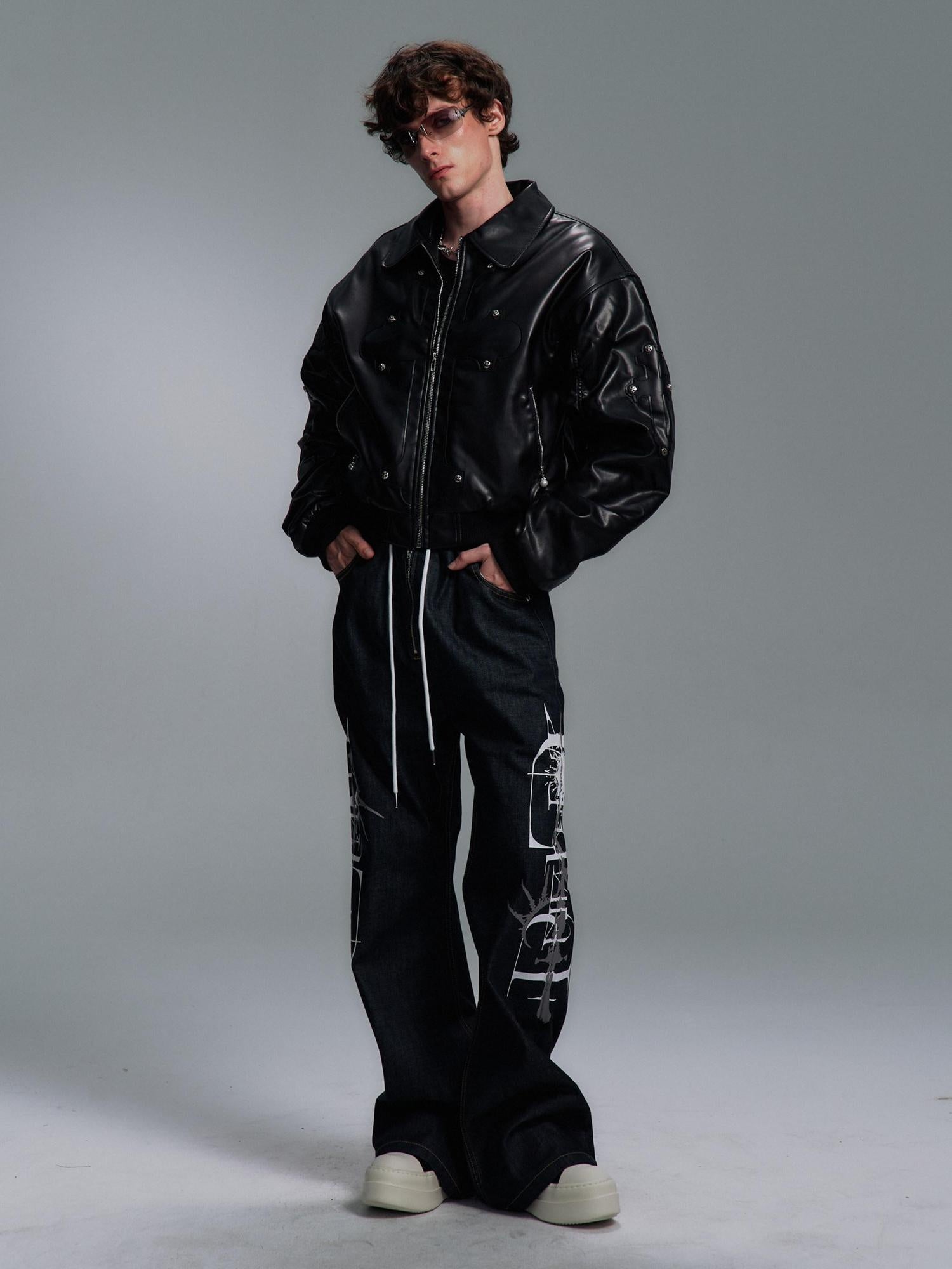 PAIKI Detachable Fur Collar Embroidered Devil Gothic Straight Fit Pu Puffer Jackets