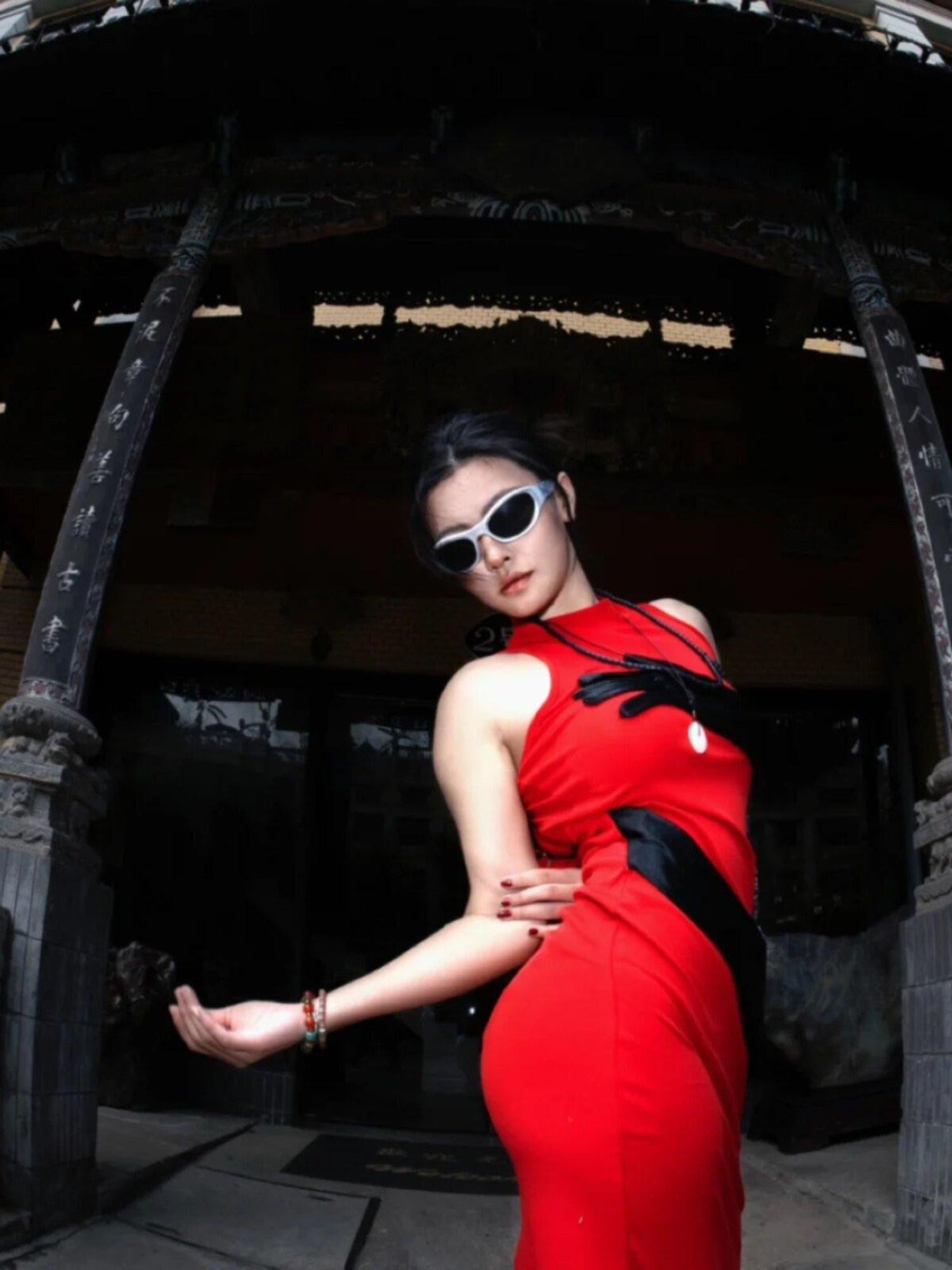 ANTIMOON 3d Red Black Colorblock Hand Painted Women's Polyester Bodycon Maxi Dresses
