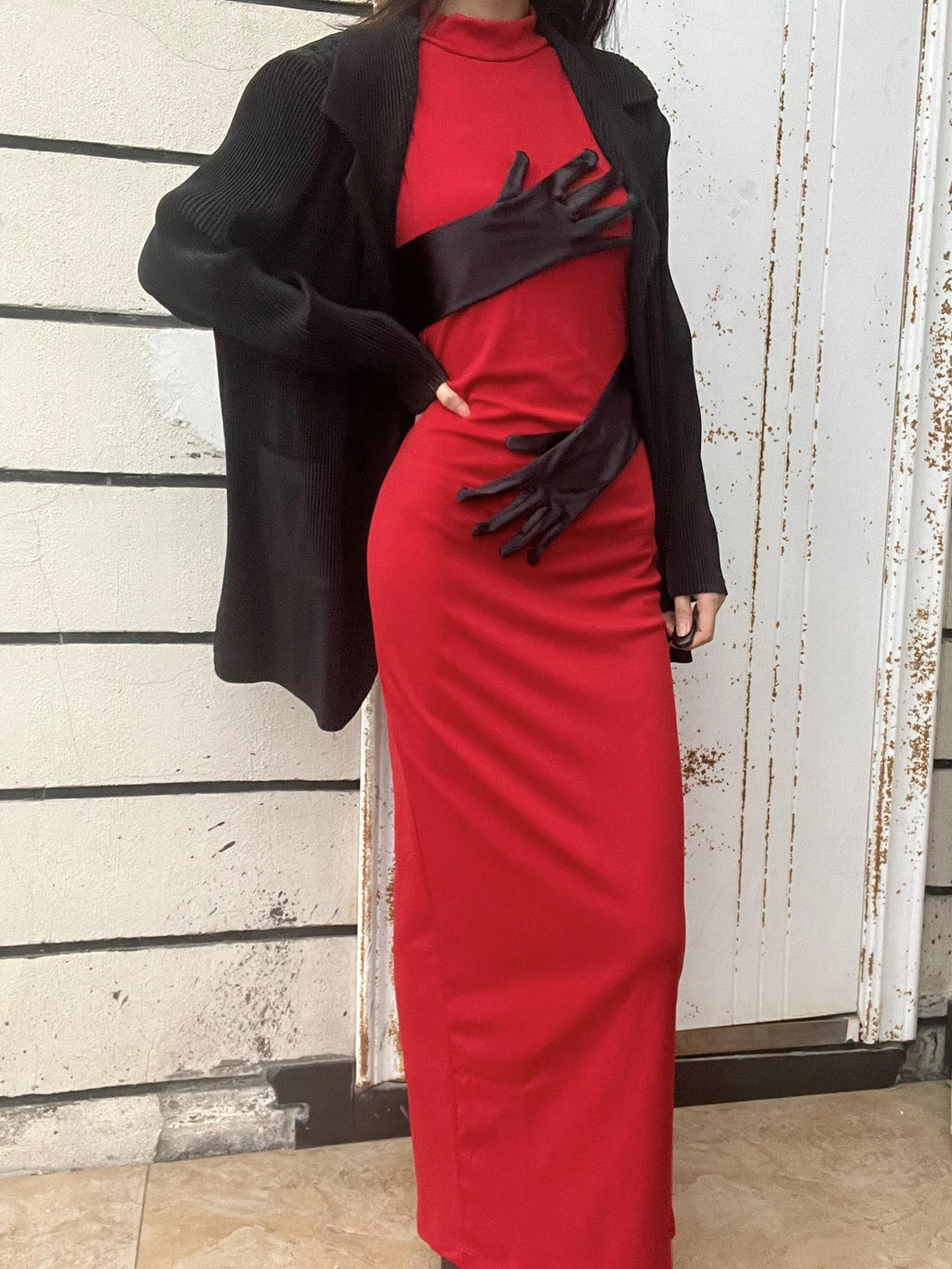 ANTIMOON 3d Red Black Colorblock Hand Painted Women's Polyester Bodycon Maxi Dresses