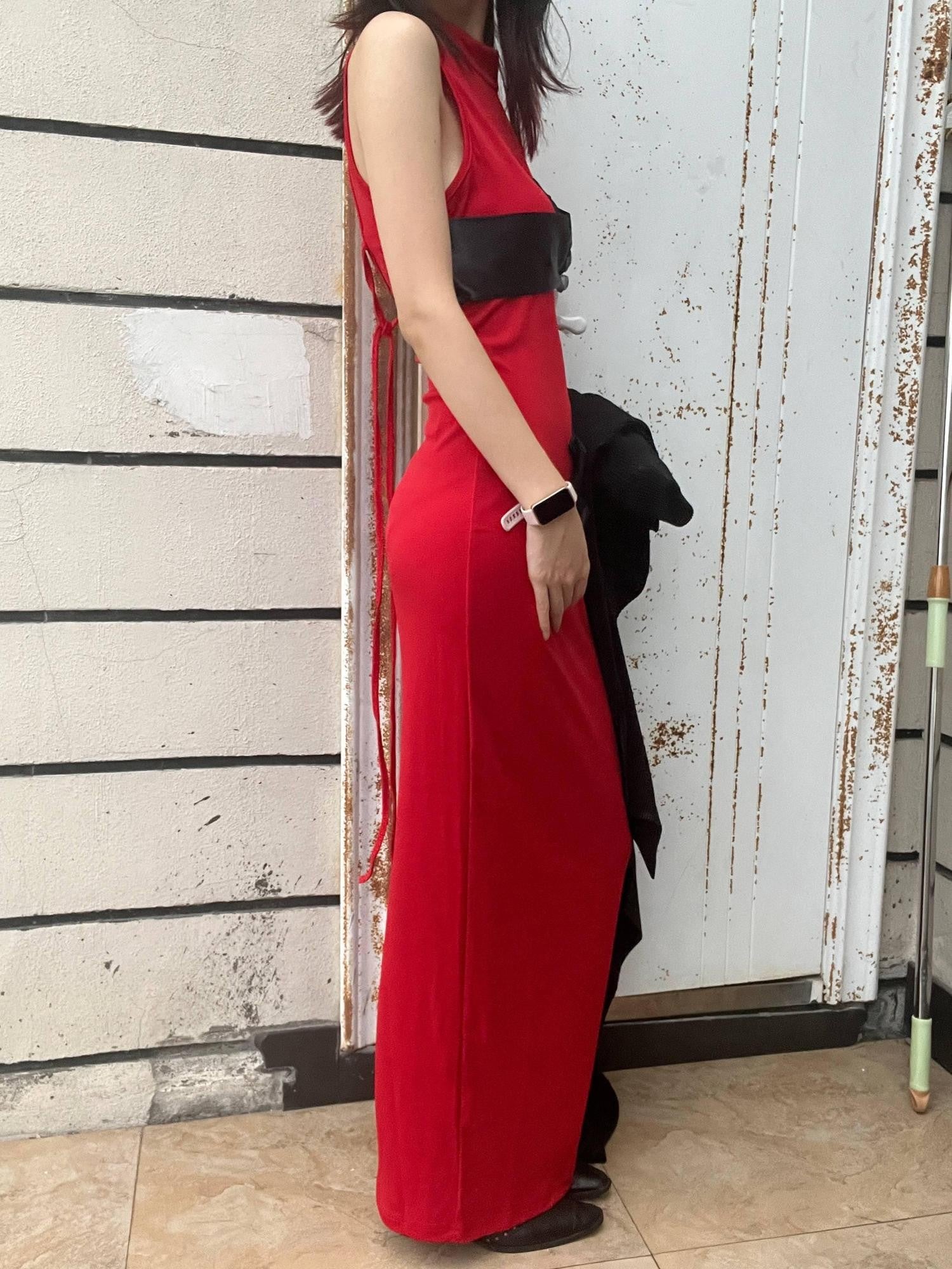 ANTIMOON 3d Red Black Colorblock Hand Painted Women's Polyester Bodycon Maxi Dresses