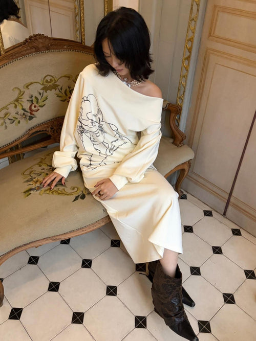 ANTIMOON Abstract Line Art Print One Shoulder Beige Air Layer Women's Matching Skirt Sets