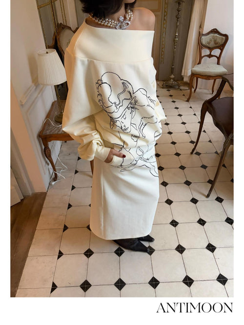 ANTIMOON Abstract Line Art Print One Shoulder Beige Air Layer Women's Matching Skirt Sets