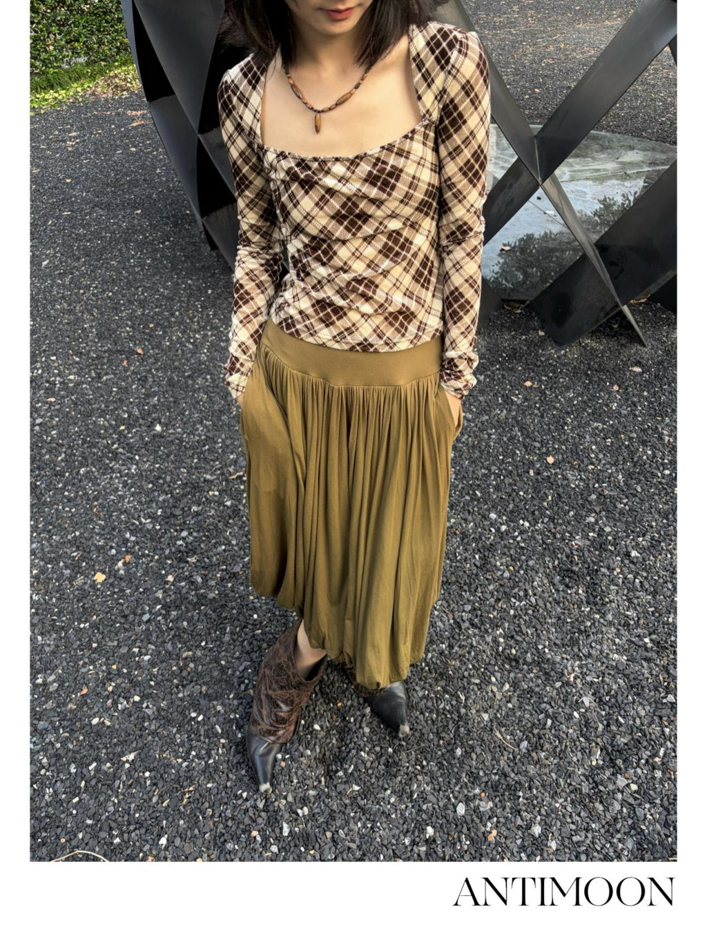 ANTIMOON Artistic Draped Pleated Pocket Knit Women's Viscose Midi Skirts
