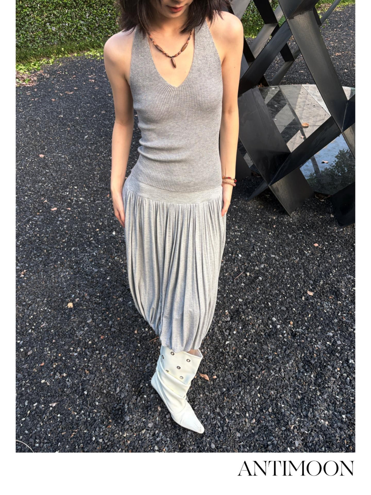 ANTIMOON Artistic Draped Pleated Pocket Knit Women's Viscose Midi Skirts