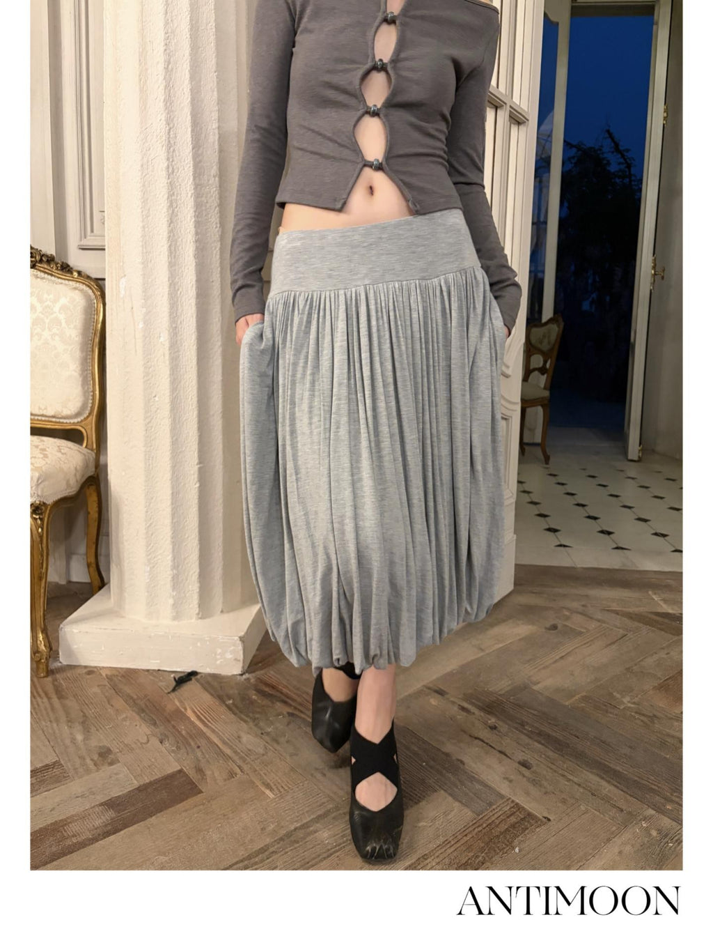 ANTIMOON Artistic Draped Pleated Pocket Knit Women's Viscose Midi Skirts