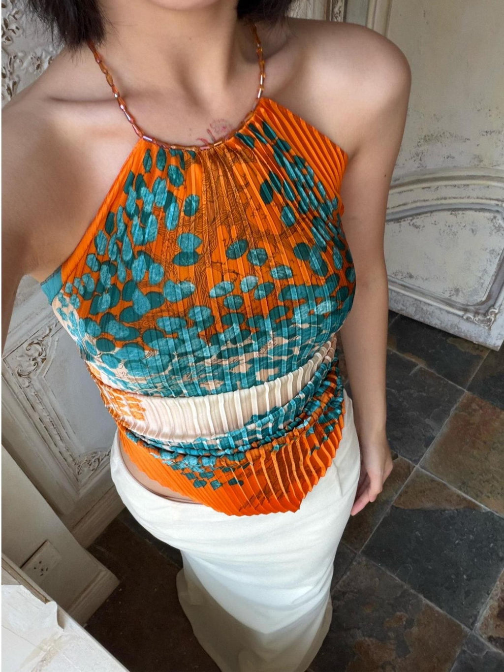 ANTIMOON Artistic Pleated Floral Print Gilded Green Women's Polyester Halter Tops