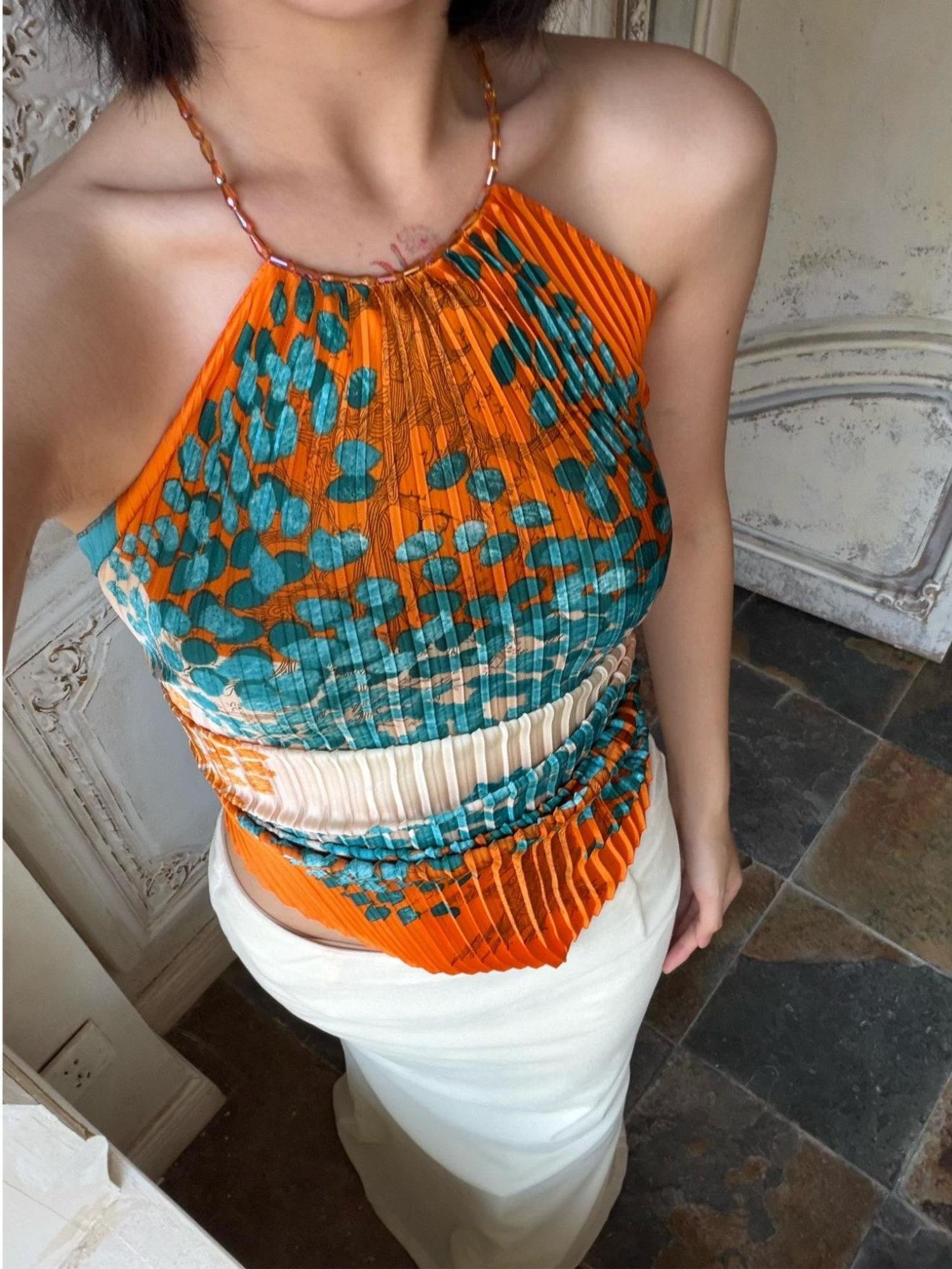 ANTIMOON Artistic Pleated Floral Print Gilded Green Women's Polyester Halter Tops