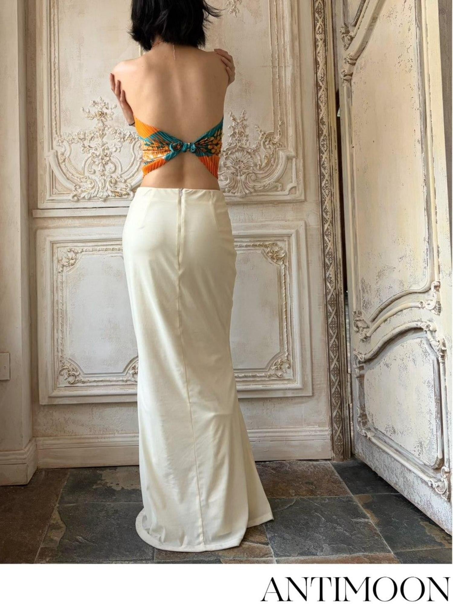 ANTIMOON Artistic Pleated Floral Print Gilded Green Women's Polyester Halter Tops