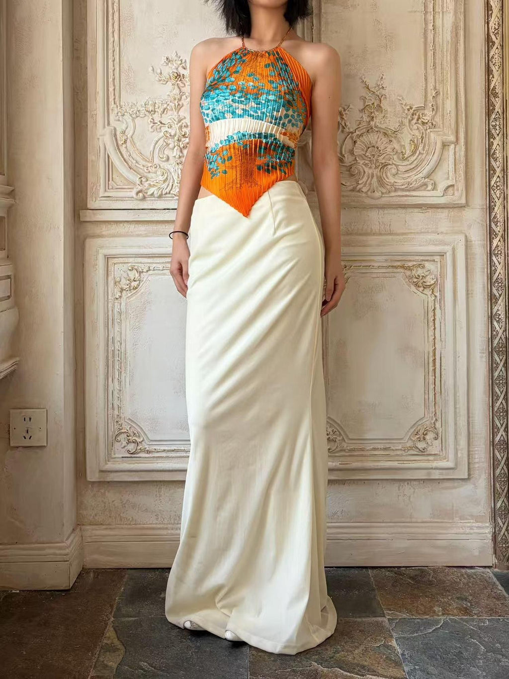 ANTIMOON Artistic Pleated Floral Print Gilded Green Women's Polyester Halter Tops