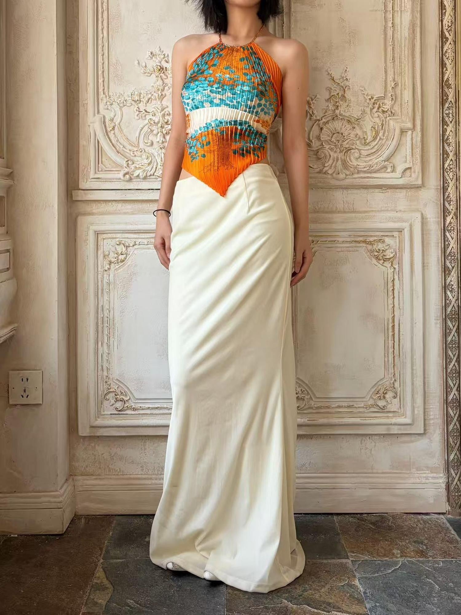 ANTIMOON Artistic Pleated Floral Print Gilded Green Women's Polyester Halter Tops