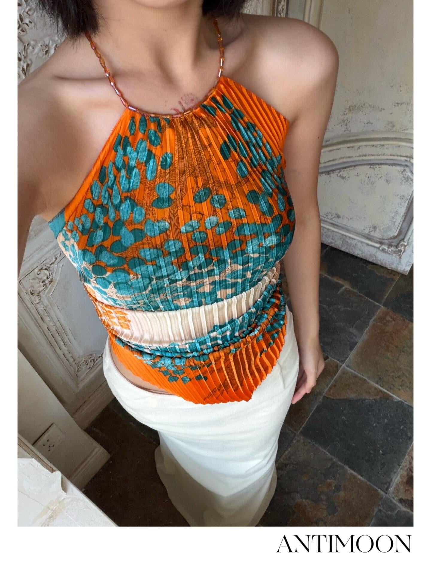 ANTIMOON Artistic Pleated Floral Print Gilded Green Women's Polyester Halter Tops