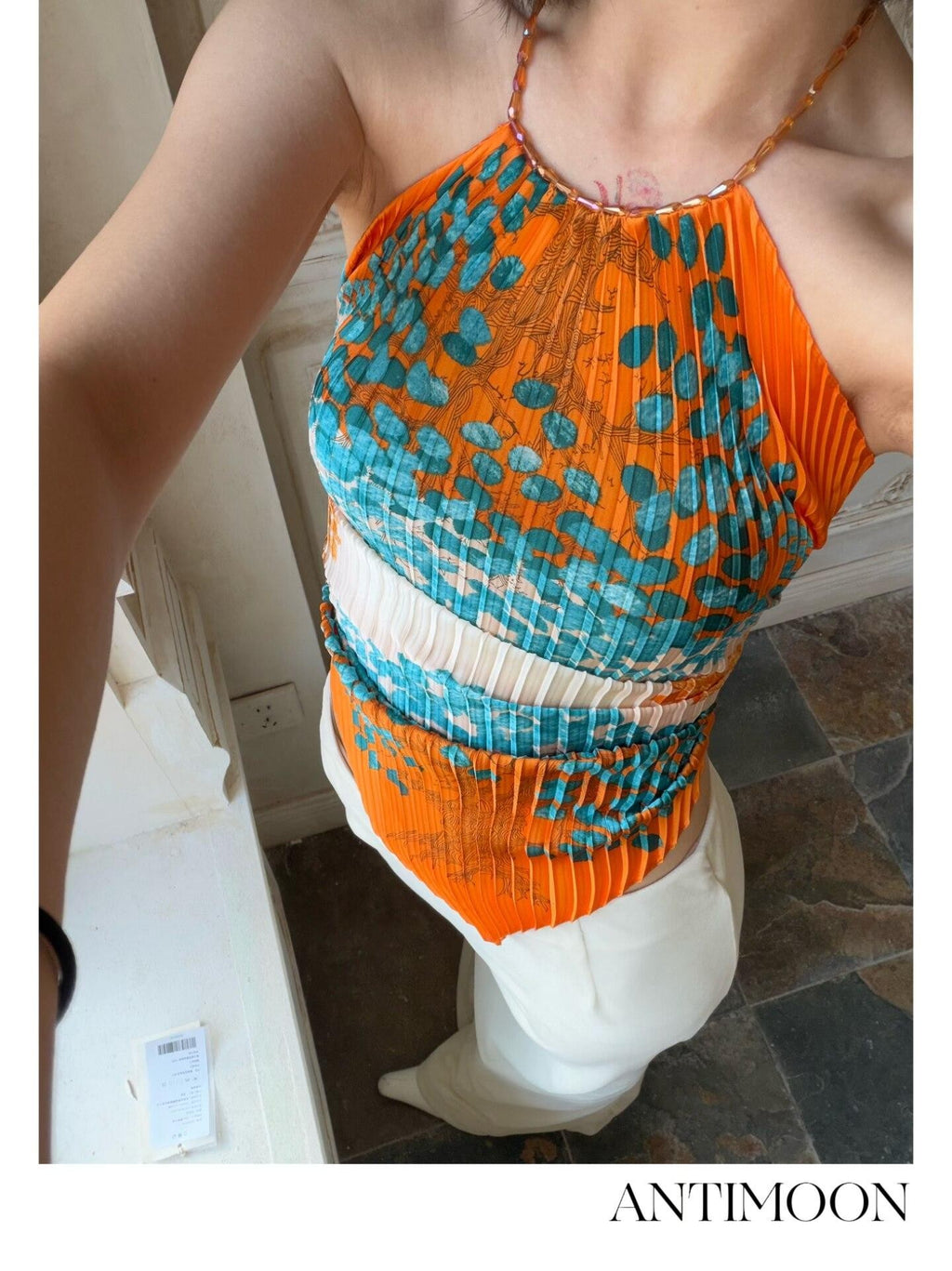 ANTIMOON Artistic Pleated Floral Print Gilded Green Women's Polyester Halter Tops