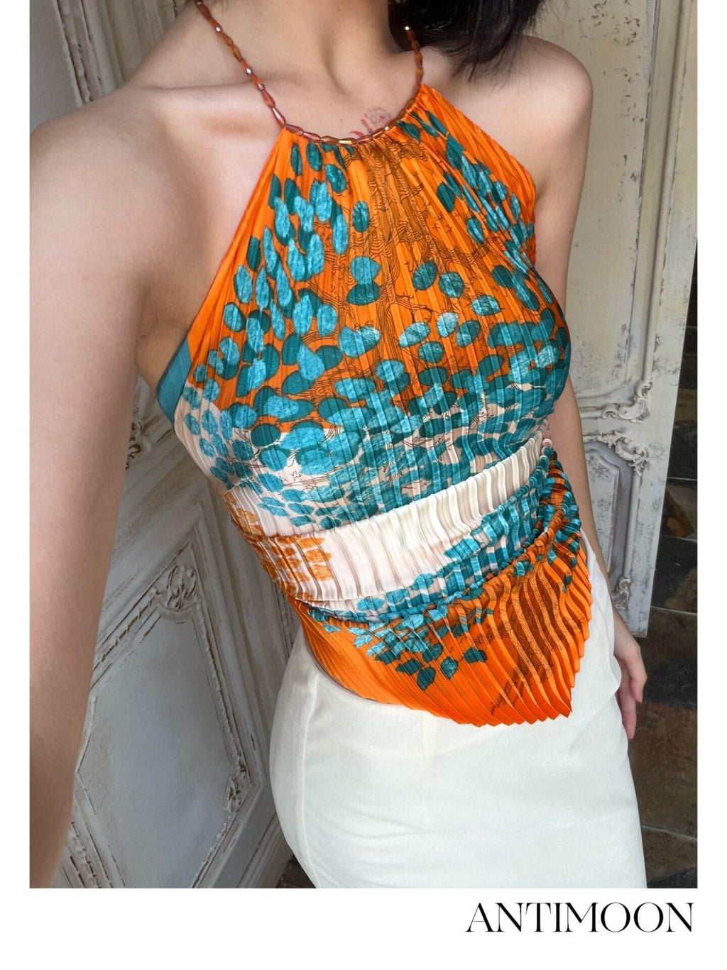 ANTIMOON Artistic Pleated Floral Print Gilded Green Women's Polyester Halter Tops