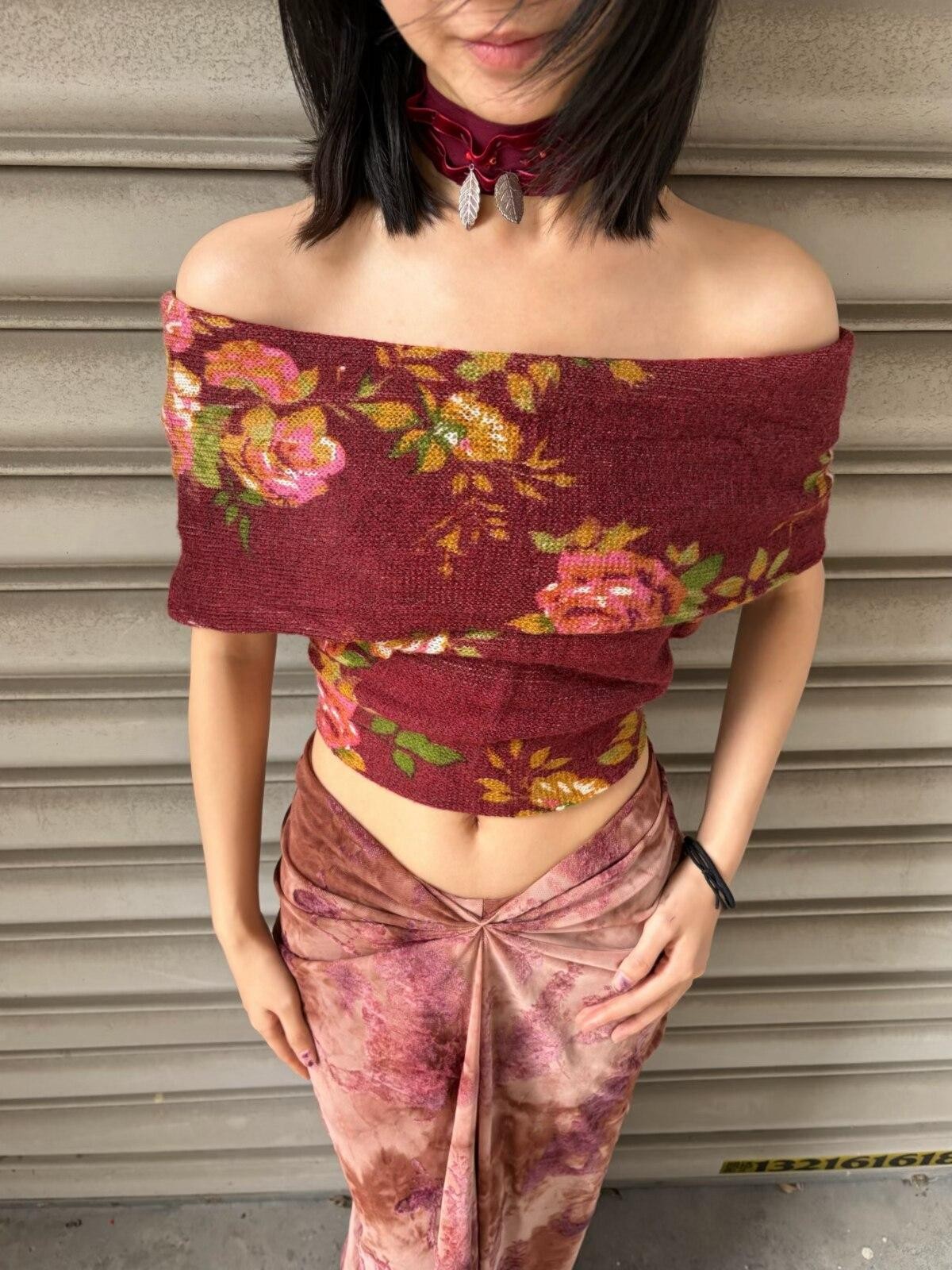 ANTIMOON Asymmetric Back Tie Webbing Cropped Women's Polyester Off-shoulder Sweaters