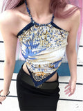 ANTIMOON Baroque Lapis Lazuli Pleated Scarf Tie Women's Polyester Halter Tops