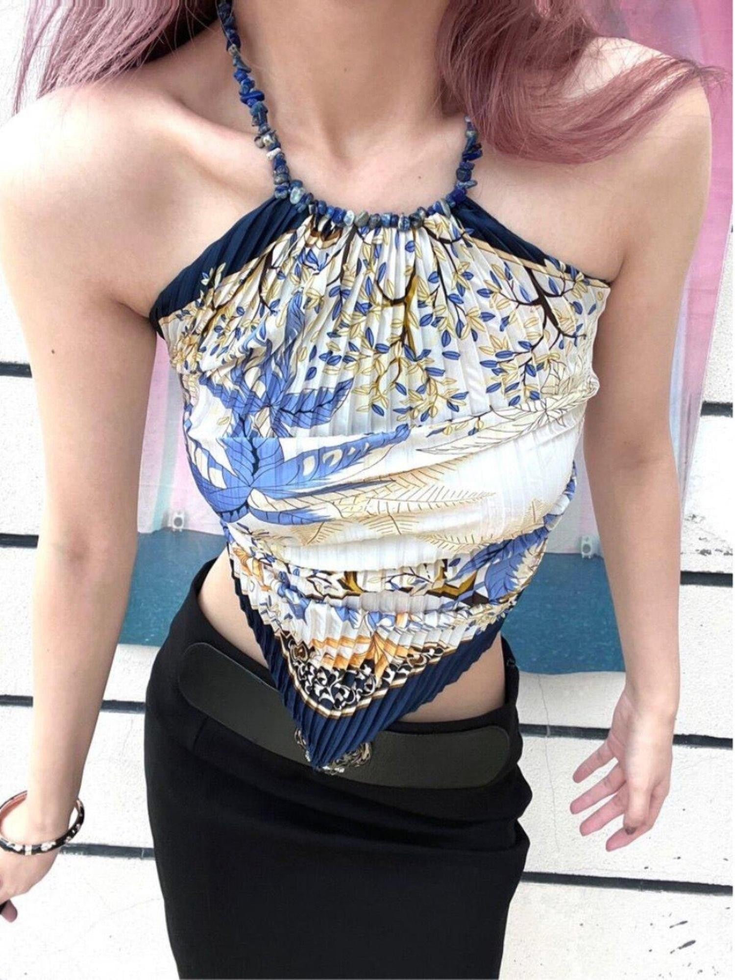 ANTIMOON Baroque Lapis Lazuli Pleated Scarf Tie Women's Polyester Halter Tops