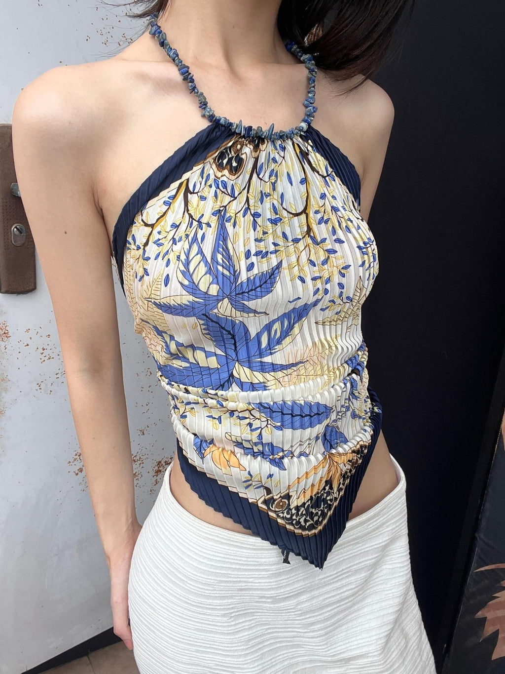 ANTIMOON Baroque Lapis Lazuli Pleated Scarf Tie Women's Polyester Halter Tops