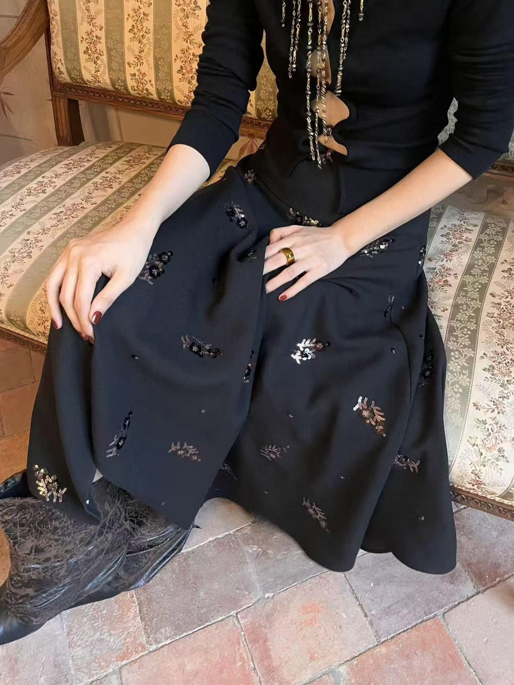 ANTIMOON Beaded Asymmetric Hem Draped Black A Line Women's Midi Skirts