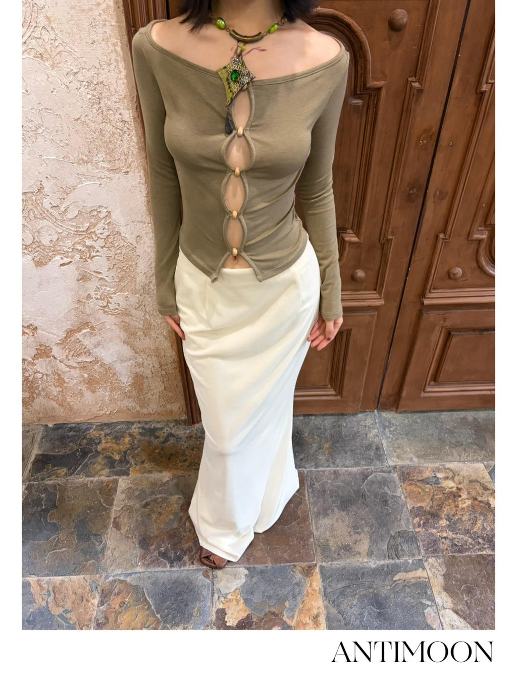 ANTIMOON Beaded Cutout Wool Silk Women's Long Sleeve T-shirts