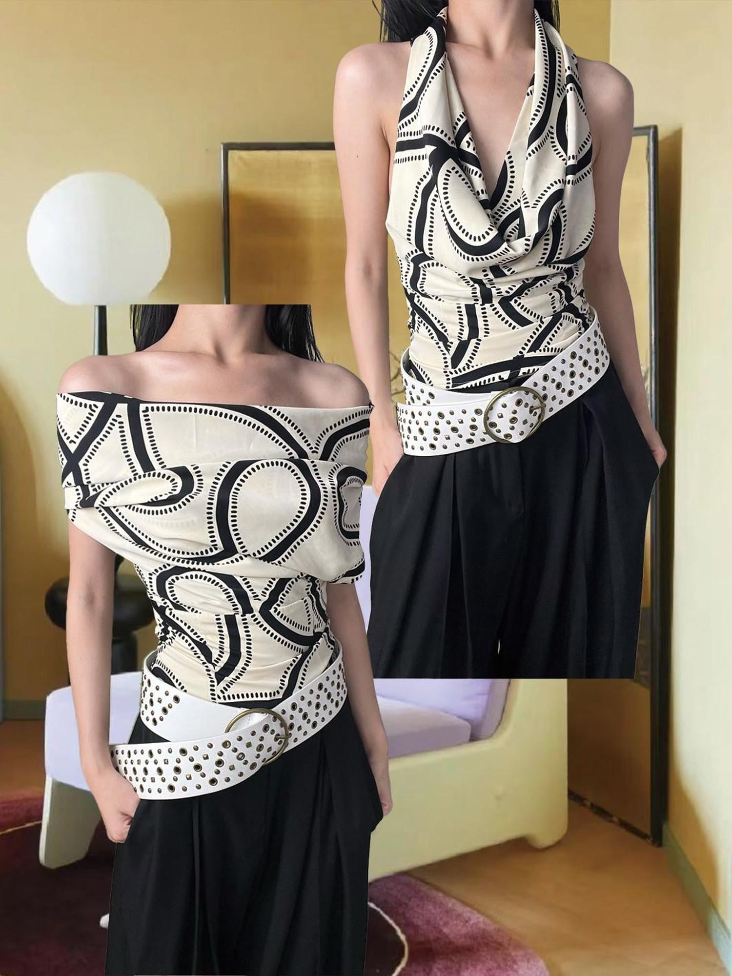 ANTIMOON Beige Vintage Print Striped Cable Knit Women's Polyester Halter Tops