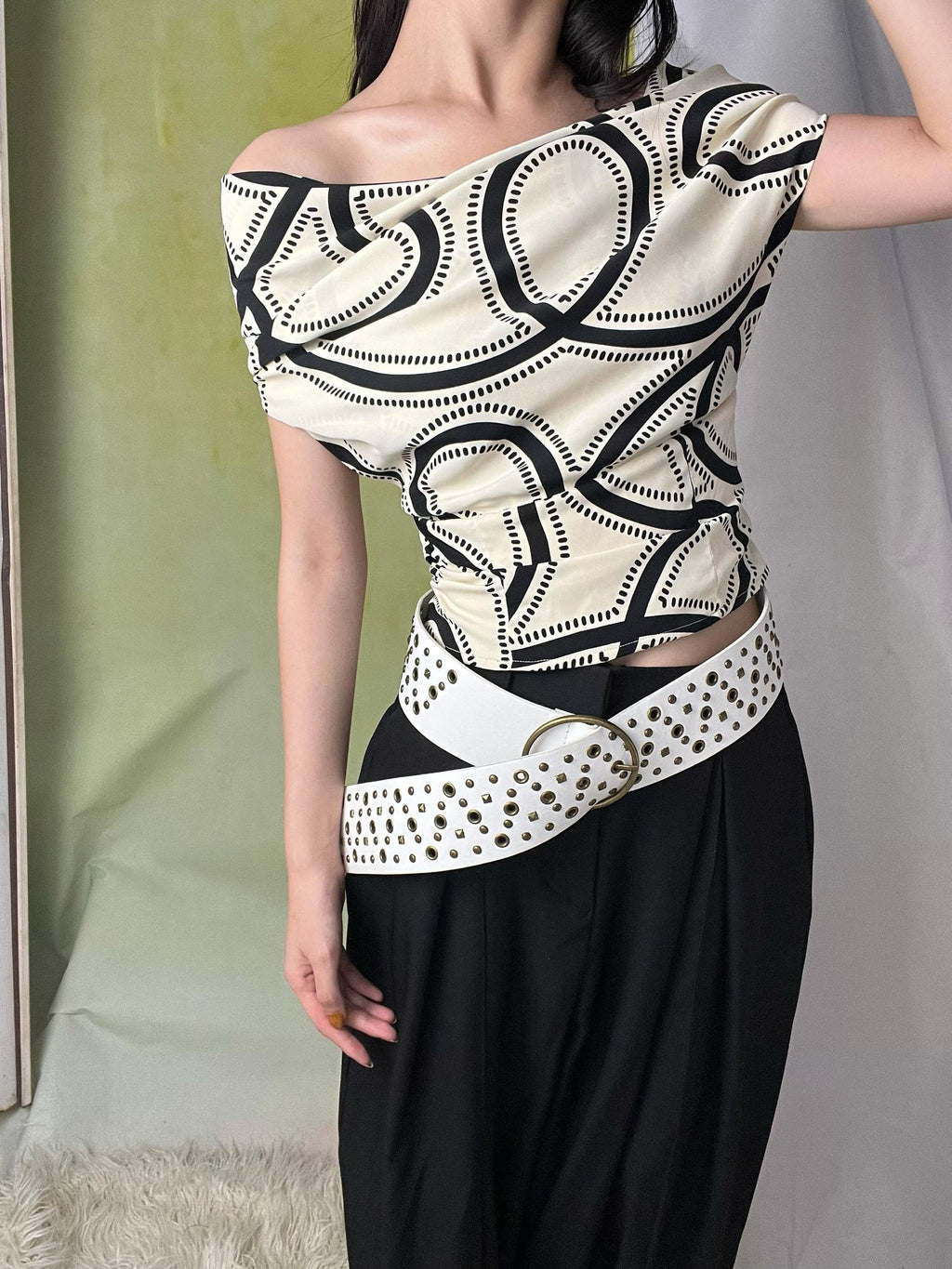 ANTIMOON Beige Vintage Print Striped Cable Knit Women's Polyester Halter Tops