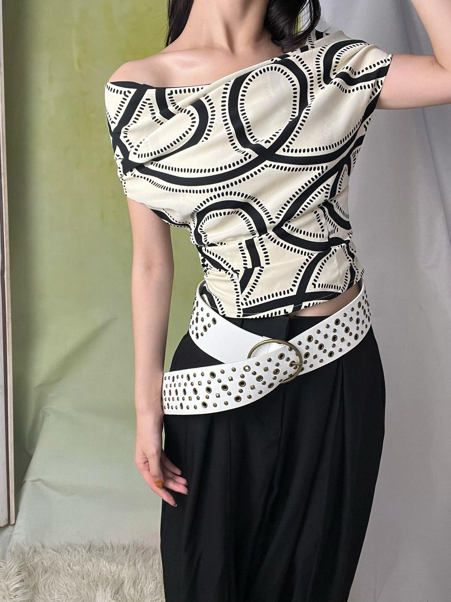 ANTIMOON Beige Vintage Print Striped Cable Knit Women's Polyester Halter Tops