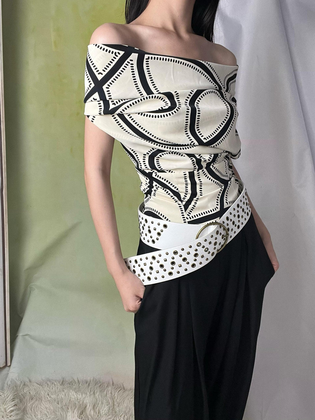 ANTIMOON Beige Vintage Print Striped Cable Knit Women's Polyester Halter Tops