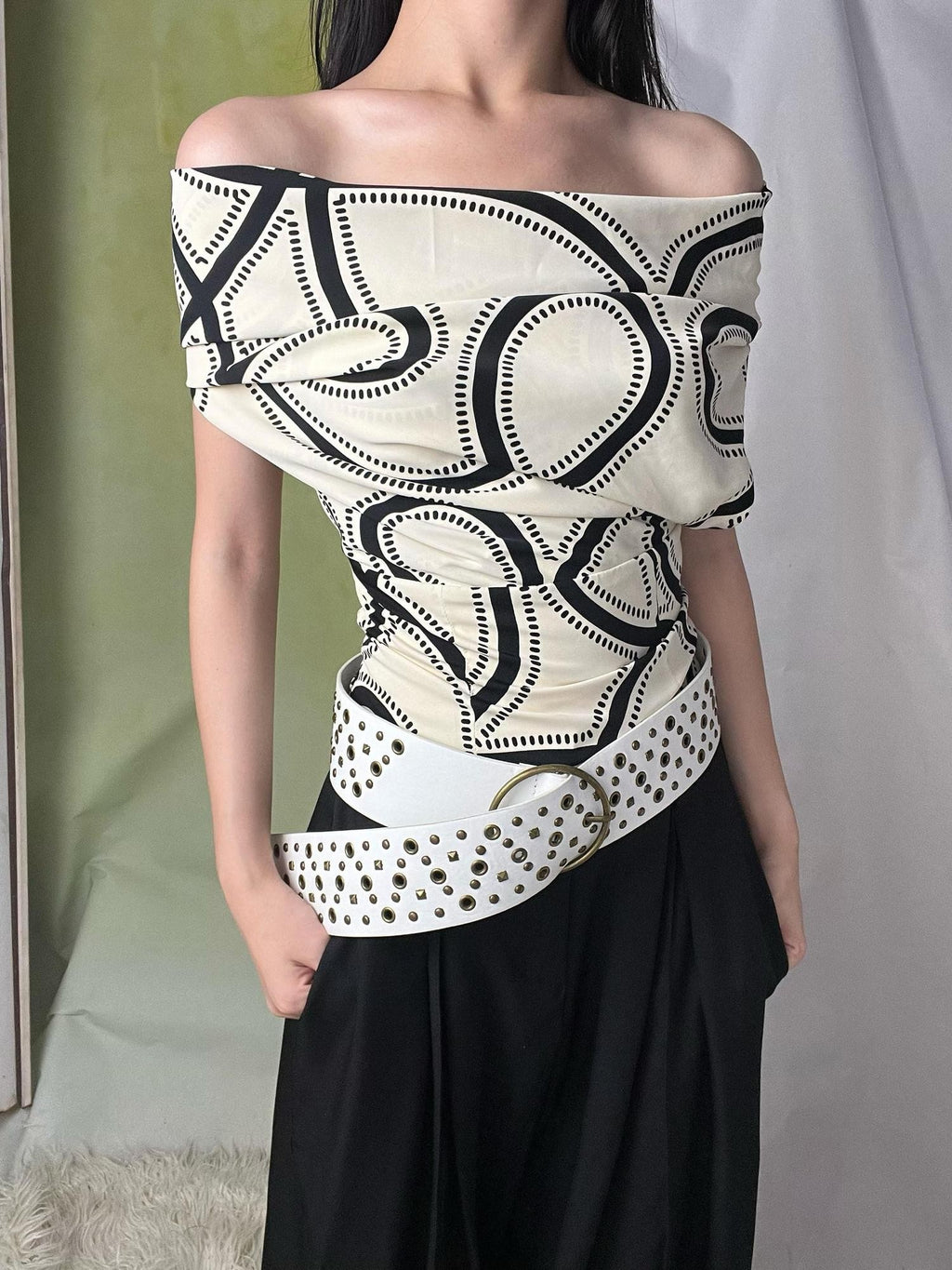 ANTIMOON Beige Vintage Print Striped Cable Knit Women's Polyester Halter Tops