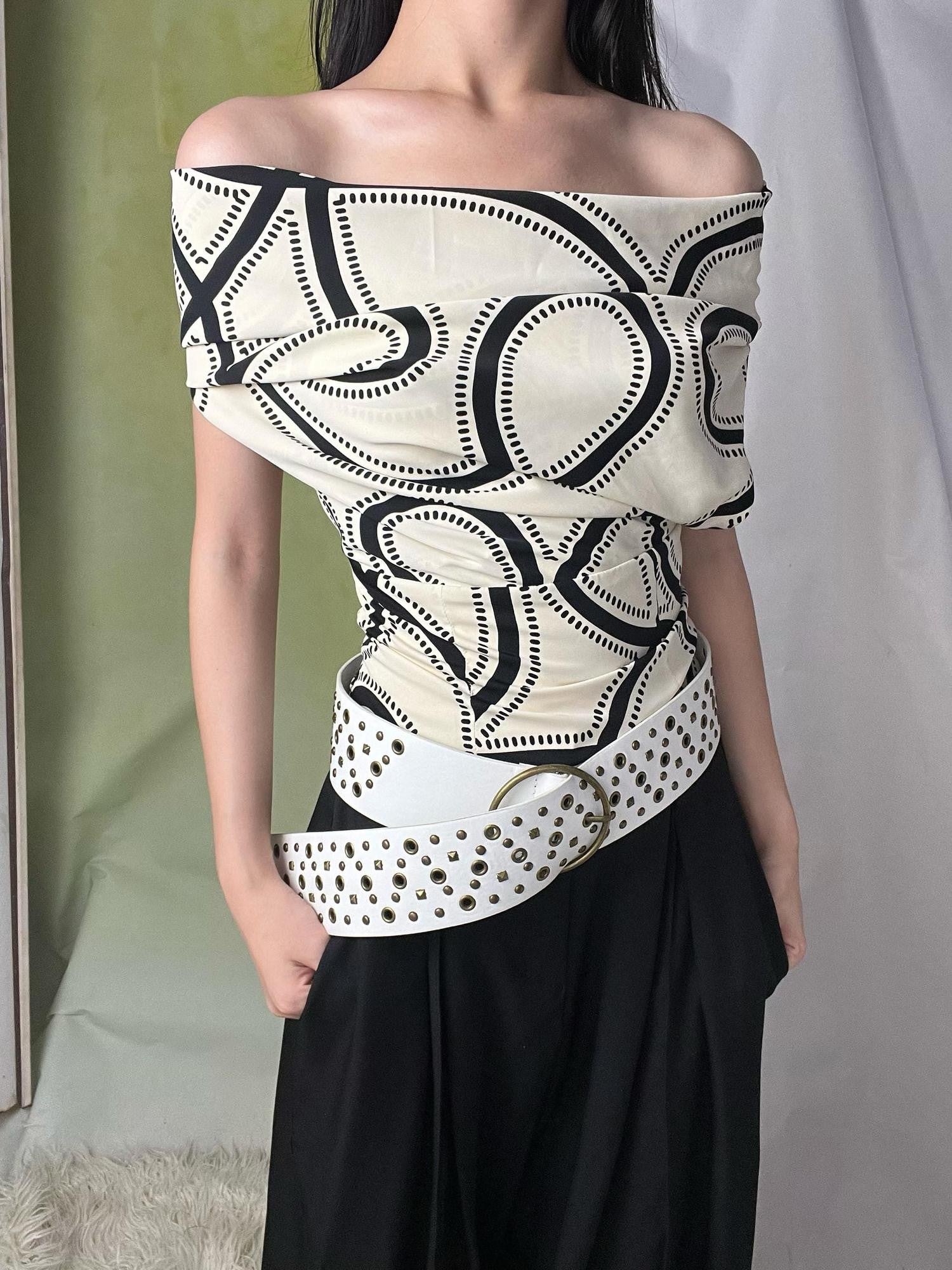 ANTIMOON Beige Vintage Print Striped Cable Knit Women's Polyester Halter Tops