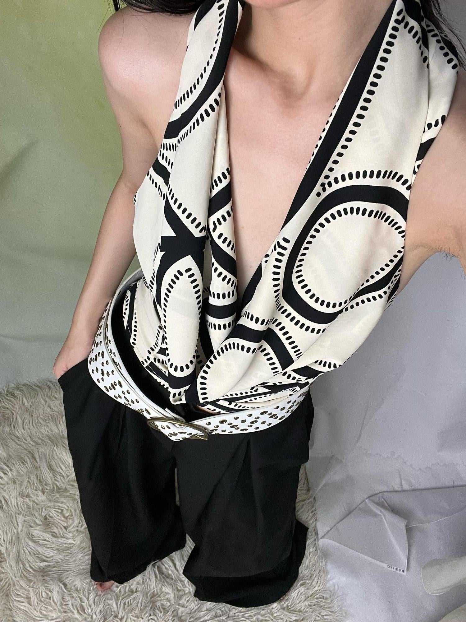 ANTIMOON Beige Vintage Print Striped Cable Knit Women's Polyester Halter Tops