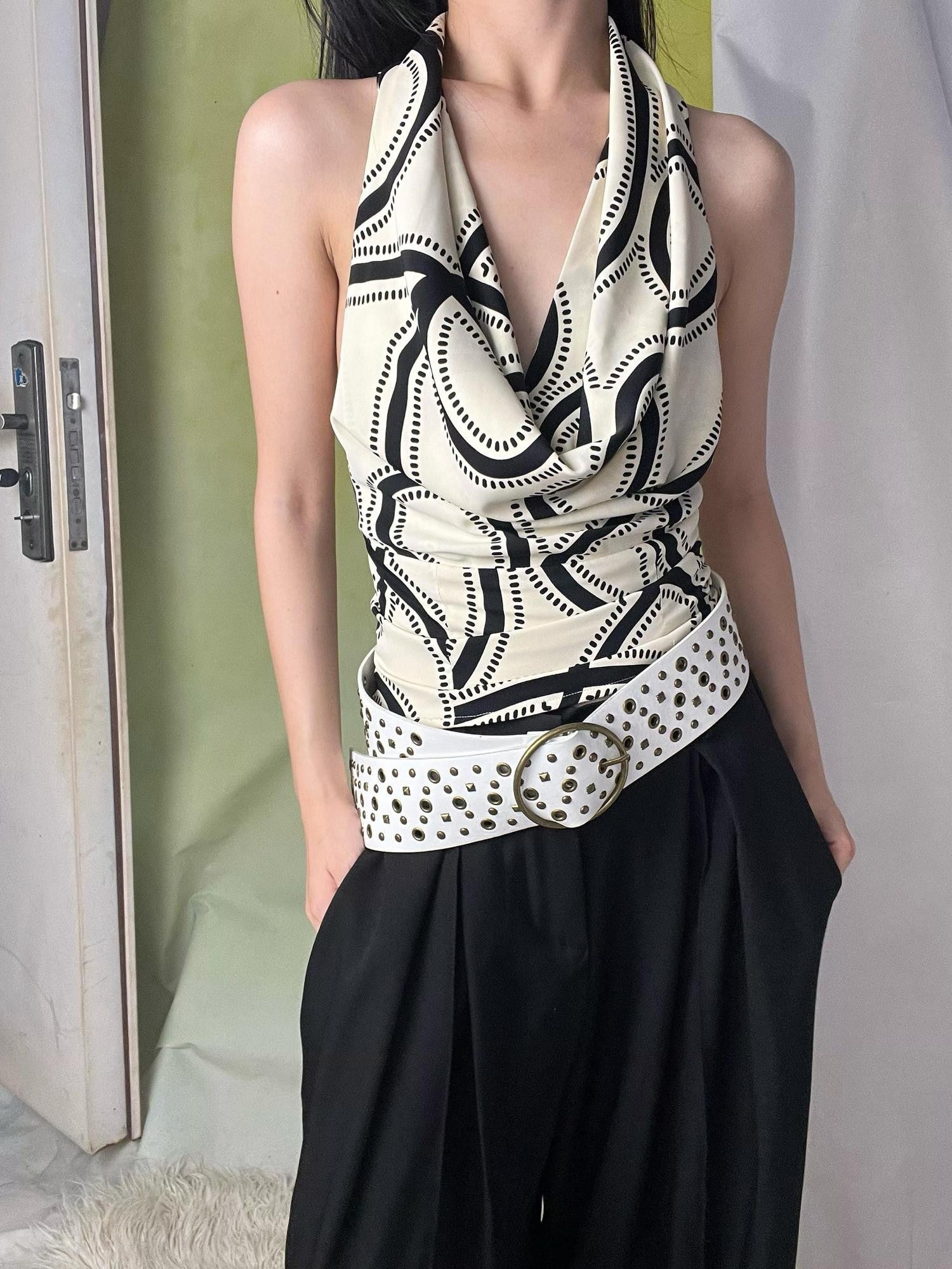 ANTIMOON Beige Vintage Print Striped Cable Knit Women's Polyester Halter Tops