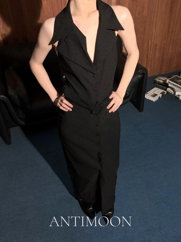ANTIMOON_Black_Blazer_Collar_Sleeveless_Cinched_Waist_Slim_Women's_Halter_Maxi_Dresses_1048318445028_MISSTT