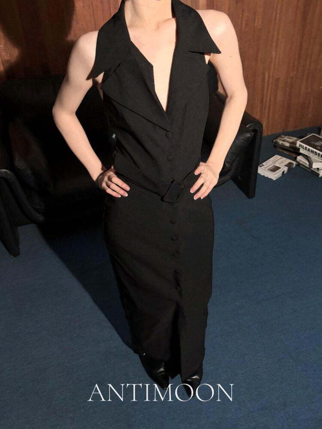 ANTIMOON Black Blazer Collar Sleeveless Cinched Waist Slim Women's Halter Maxi Dresses