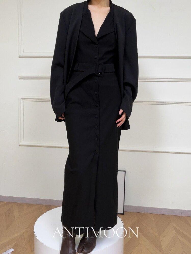 ANTIMOON Black Blazer Collar Sleeveless Cinched Waist Slim Women's Halter Maxi Dresses