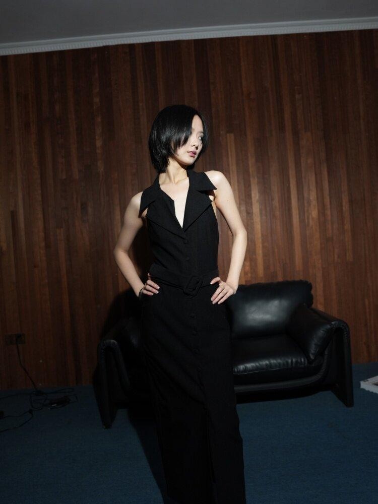 ANTIMOON Black Blazer Collar Sleeveless Cinched Waist Slim Women's Halter Maxi Dresses