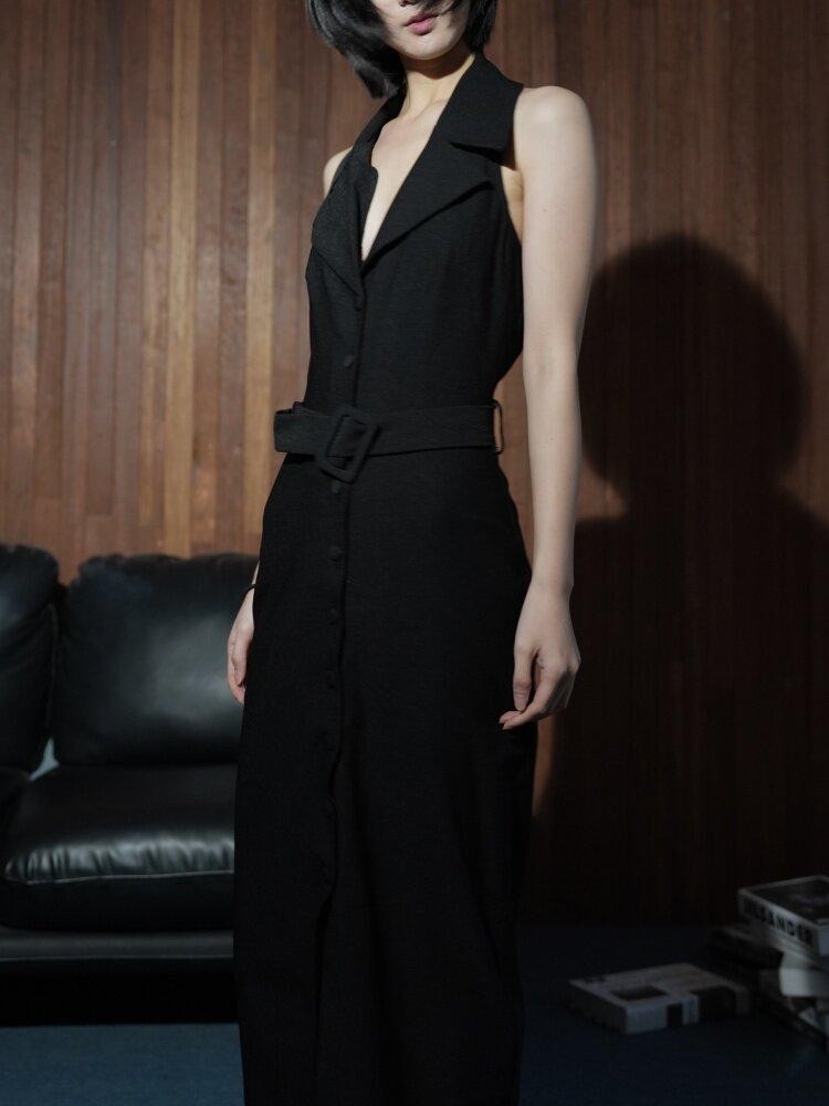 ANTIMOON Black Blazer Collar Sleeveless Cinched Waist Slim Women's Halter Maxi Dresses