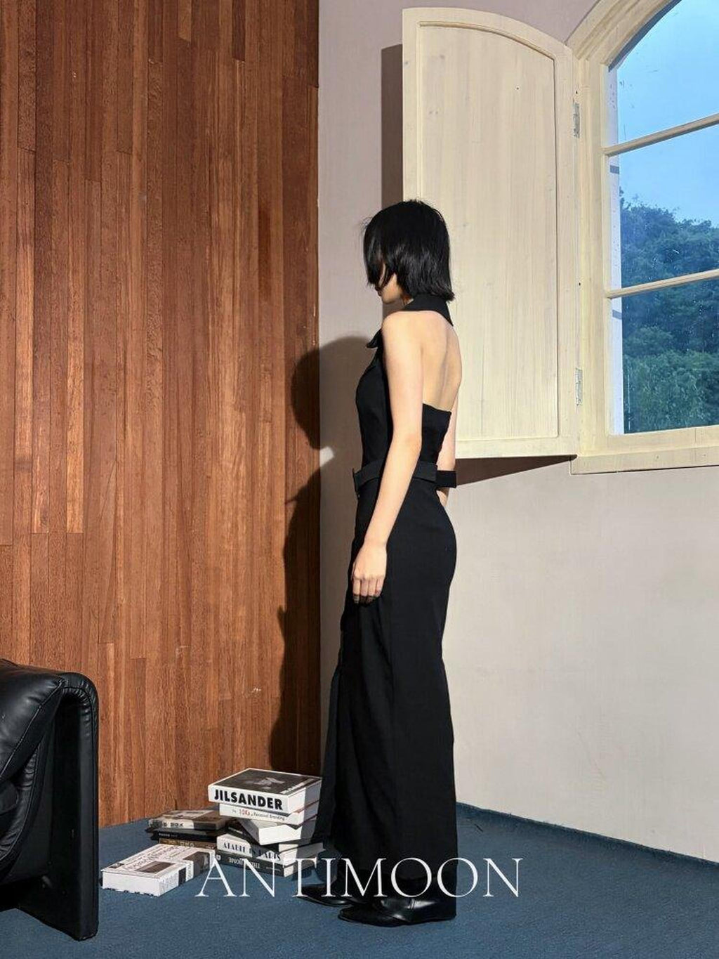 ANTIMOON Black Blazer Collar Sleeveless Cinched Waist Slim Women's Halter Maxi Dresses