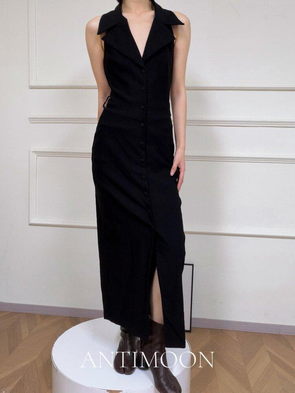 ANTIMOON Black Blazer Collar Sleeveless Cinched Waist Slim Women's Halter Maxi Dresses
