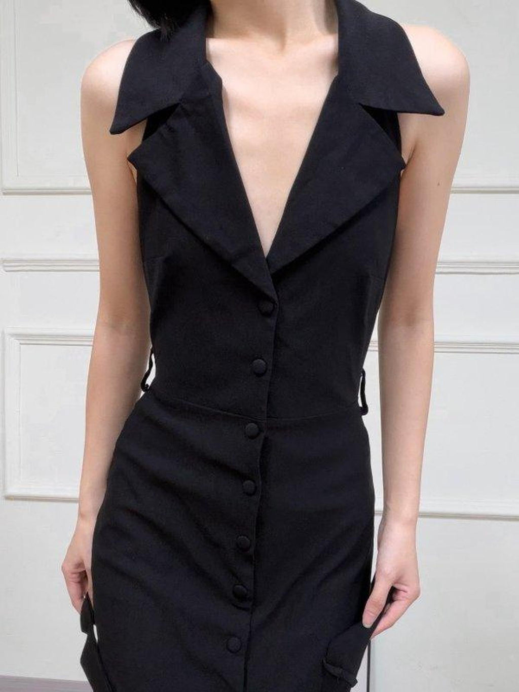 ANTIMOON Black Blazer Collar Sleeveless Cinched Waist Slim Women's Halter Maxi Dresses