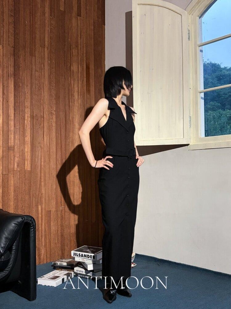 ANTIMOON Black Blazer Collar Sleeveless Cinched Waist Slim Women's Halter Maxi Dresses