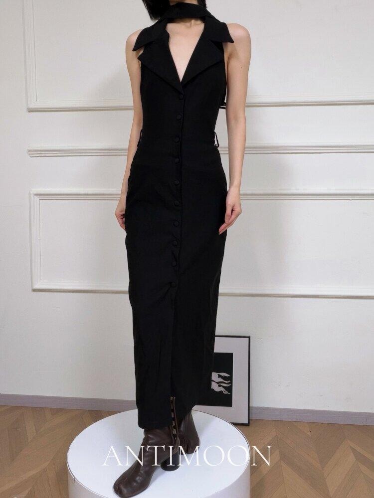 ANTIMOON Black Blazer Collar Sleeveless Cinched Waist Slim Women's Halter Maxi Dresses