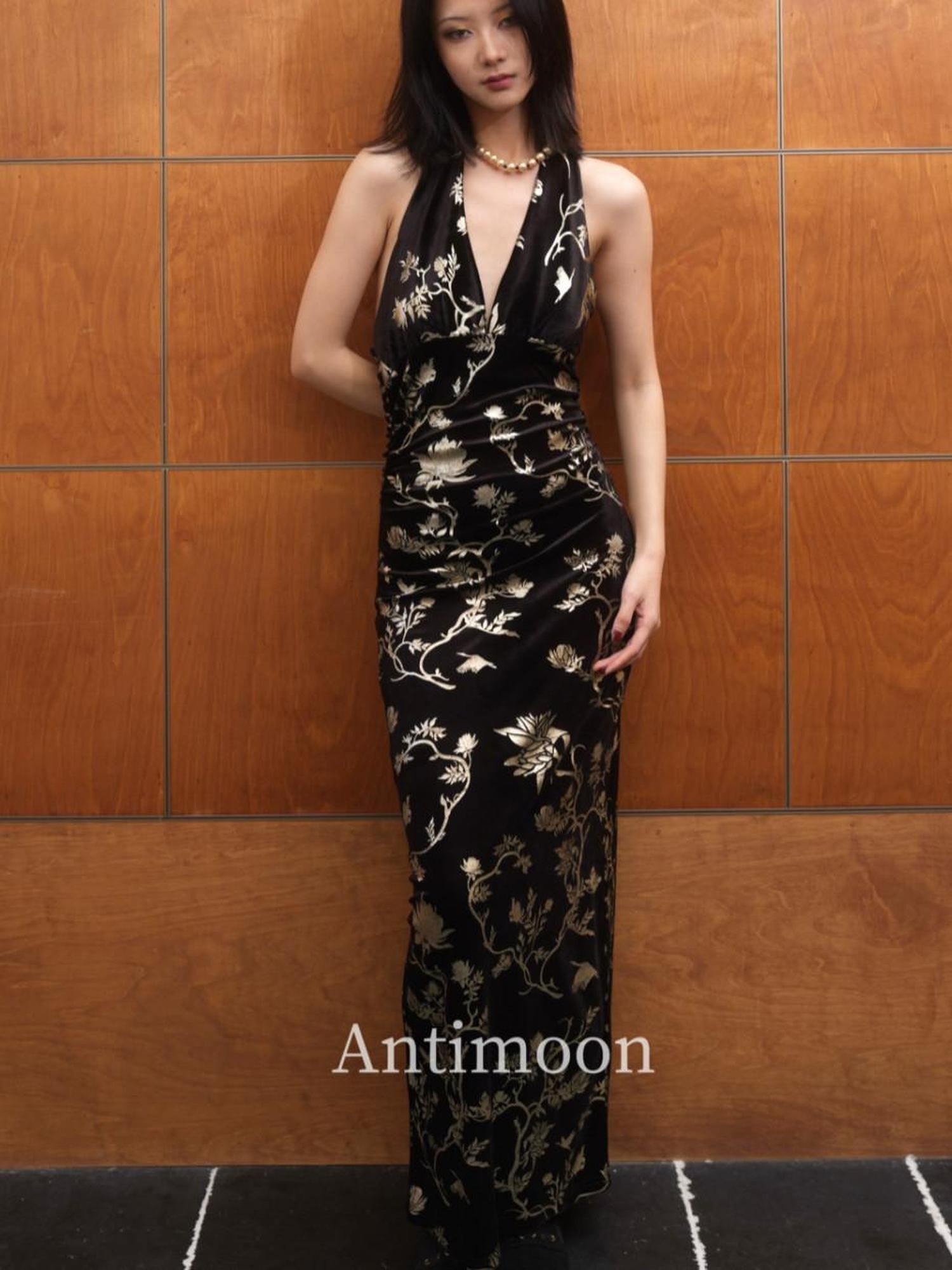 ANTIMOON Black Gold Foil New Chinese Women's Velvet Halter Maxi Dresses
