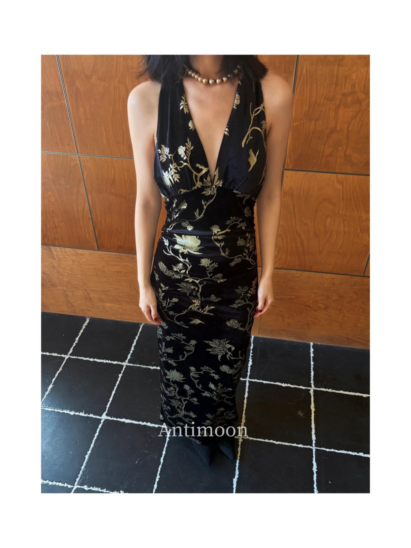 ANTIMOON Black Gold Foil New Chinese Women's Velvet Halter Maxi Dresses