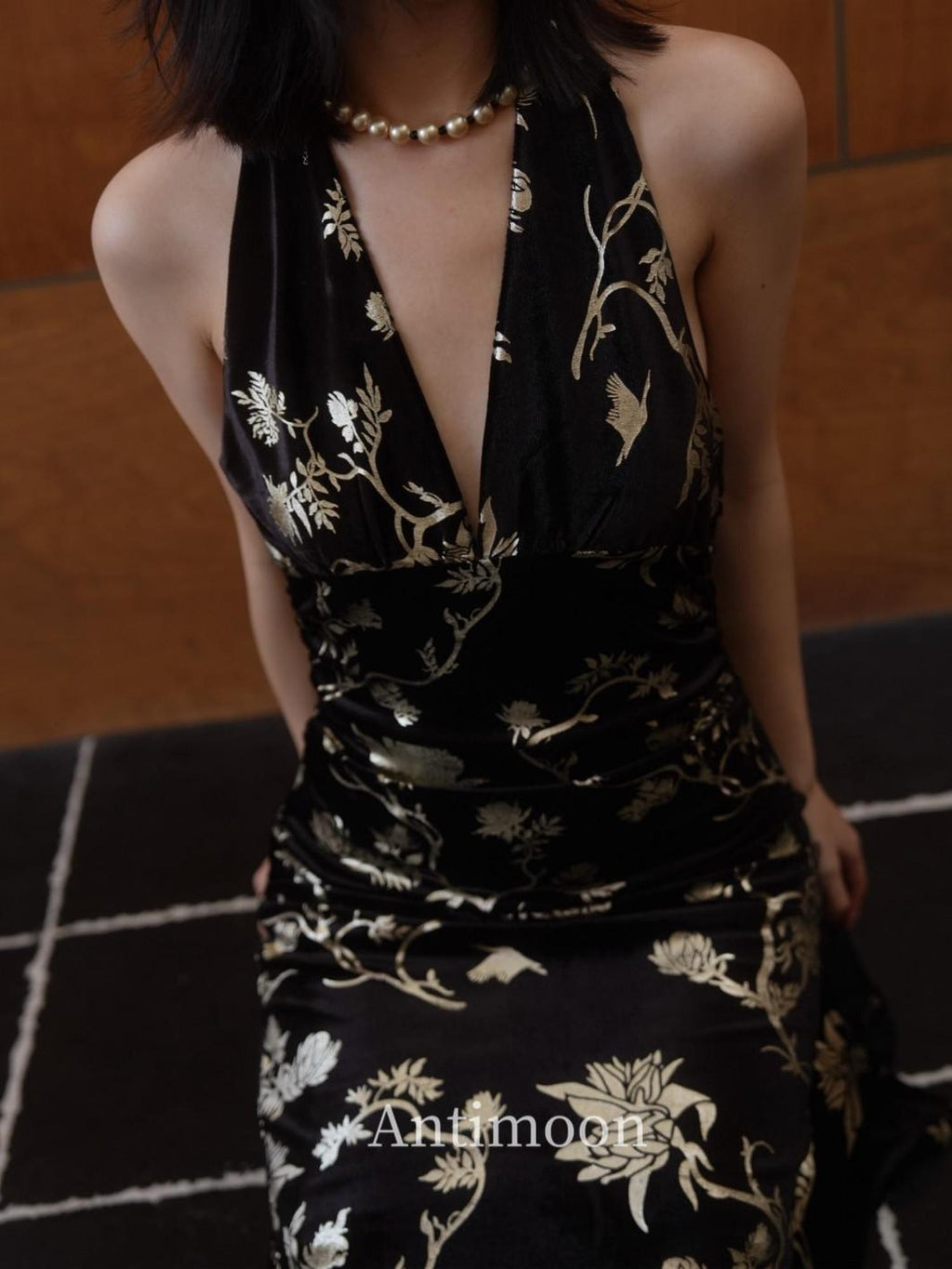 ANTIMOON Black Gold Foil New Chinese Women's Velvet Halter Maxi Dresses