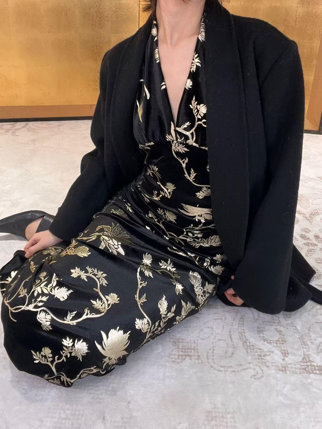 ANTIMOON Black Gold Foil New Chinese Women's Velvet Halter Maxi Dresses