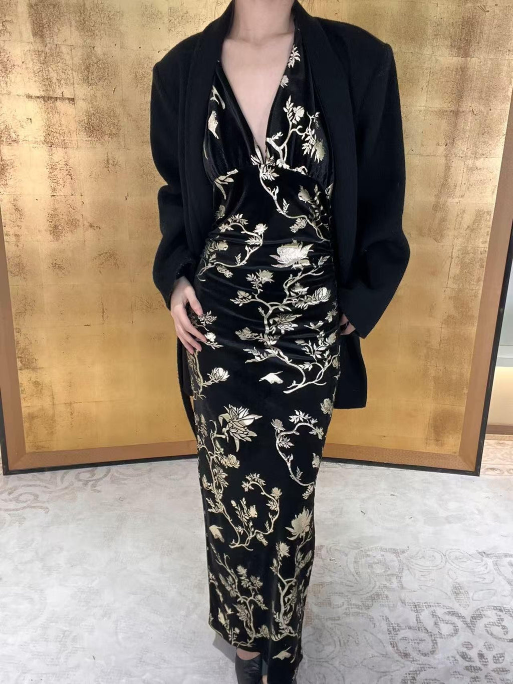 ANTIMOON Black Gold Foil New Chinese Women's Velvet Halter Maxi Dresses