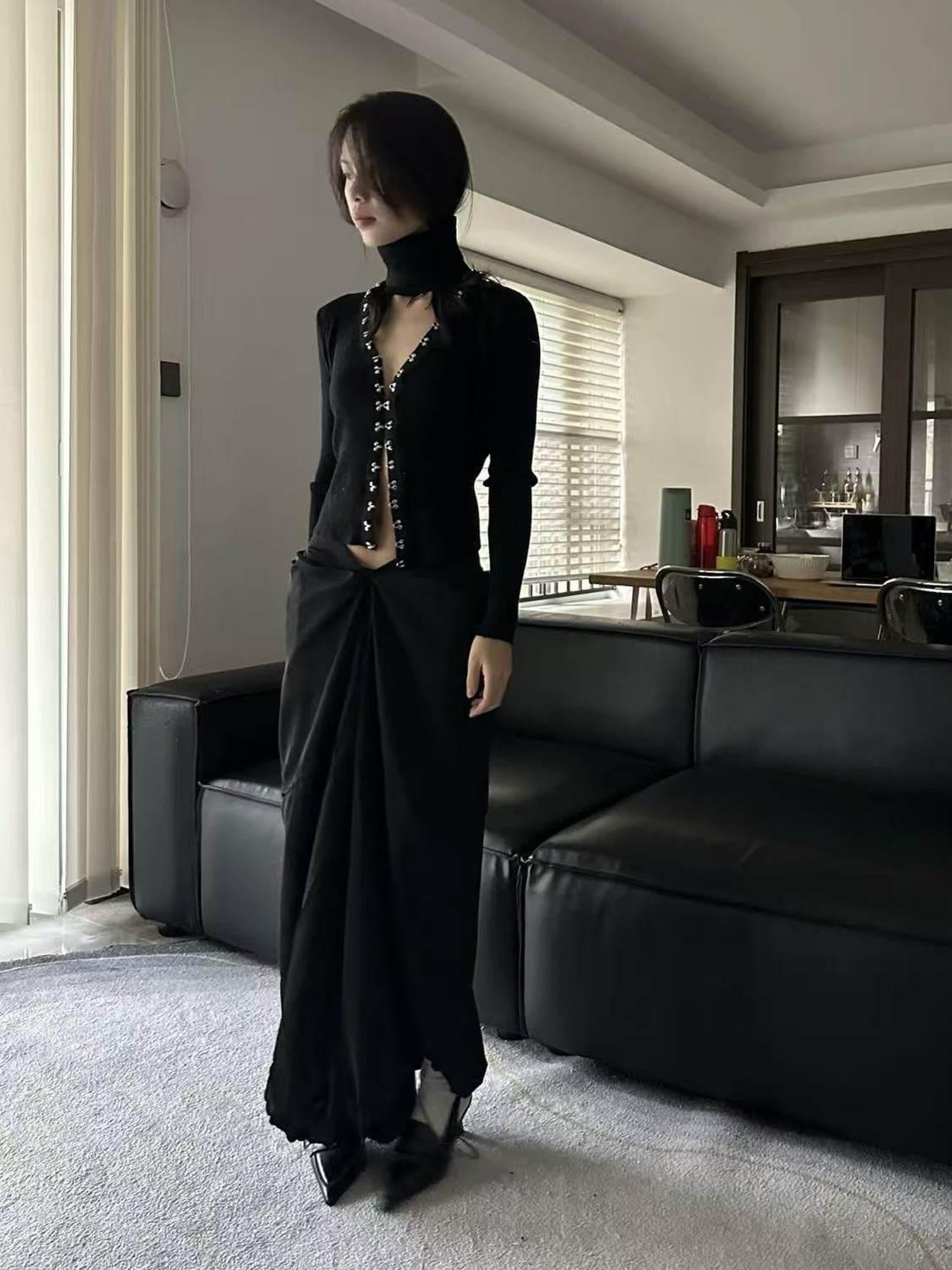 ANTIMOON Black Greek Drape Pleated Flared Women's Polyester Maxi Skirts